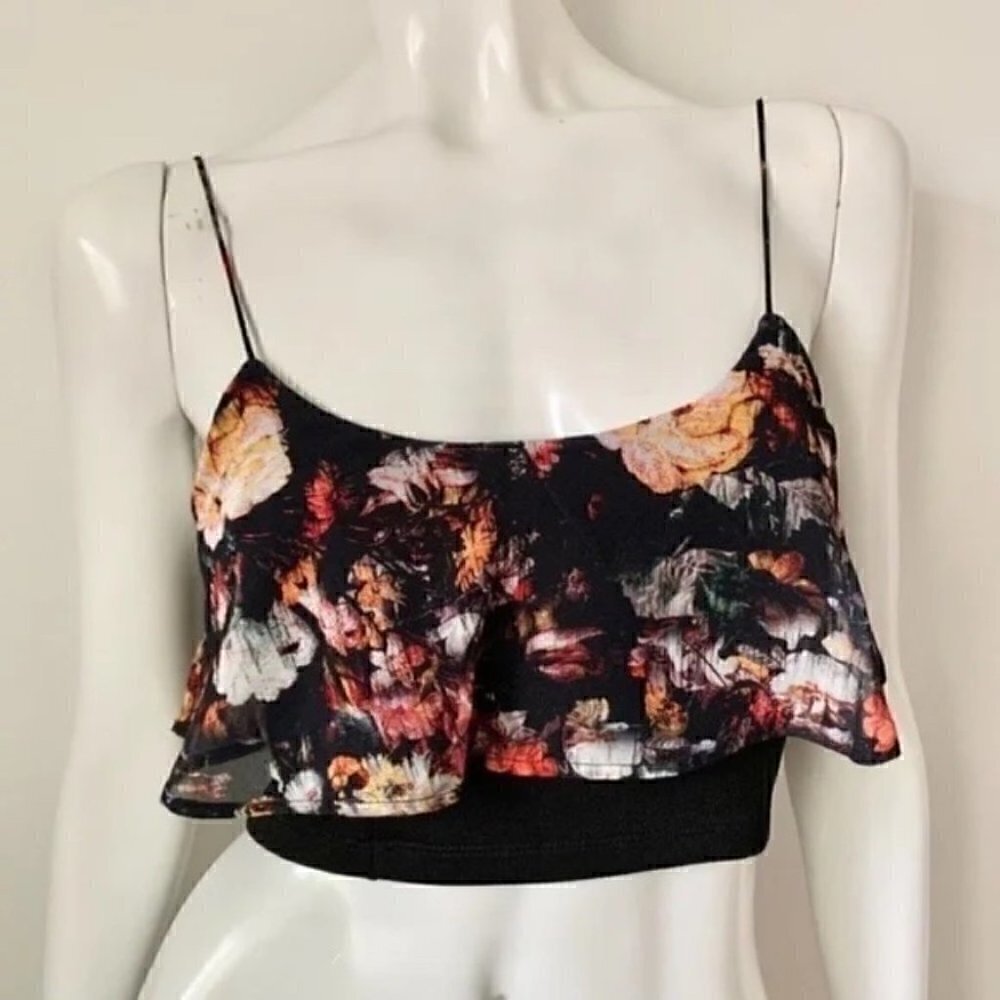 Pull&Bear Floral Crop Spaghetti Strap Tank Top, Sz Small